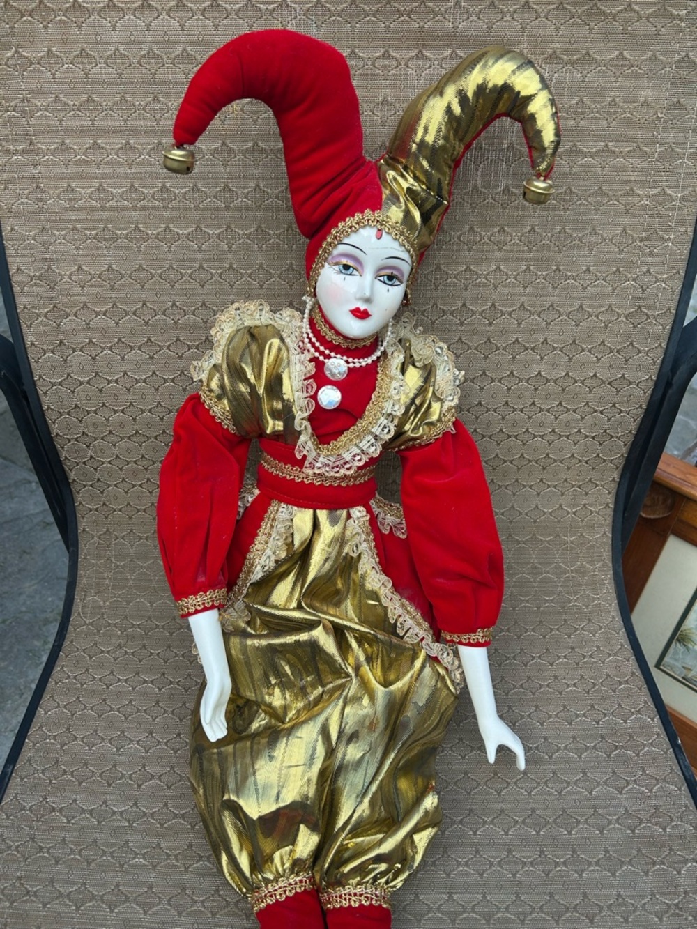 Red & Gold Porcelain Jester / Harlequin Doll